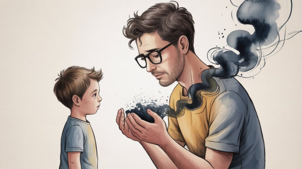 Ilustración en acuarela de un padre sentado junto a su hijo pequeño durante la hora de la tarea. El niño parece distraído mientras el padre, visiblemente tenso, cierra los ojos y toma una respiración profunda. La escena representa el proceso de regulación emocional y el esfuerzo consciente por evitar gritar o sobre reaccionar en un momento de frustración. La imagen simboliza el aprendizaje de la crianza respetuosa y la pausa antes del impulso.